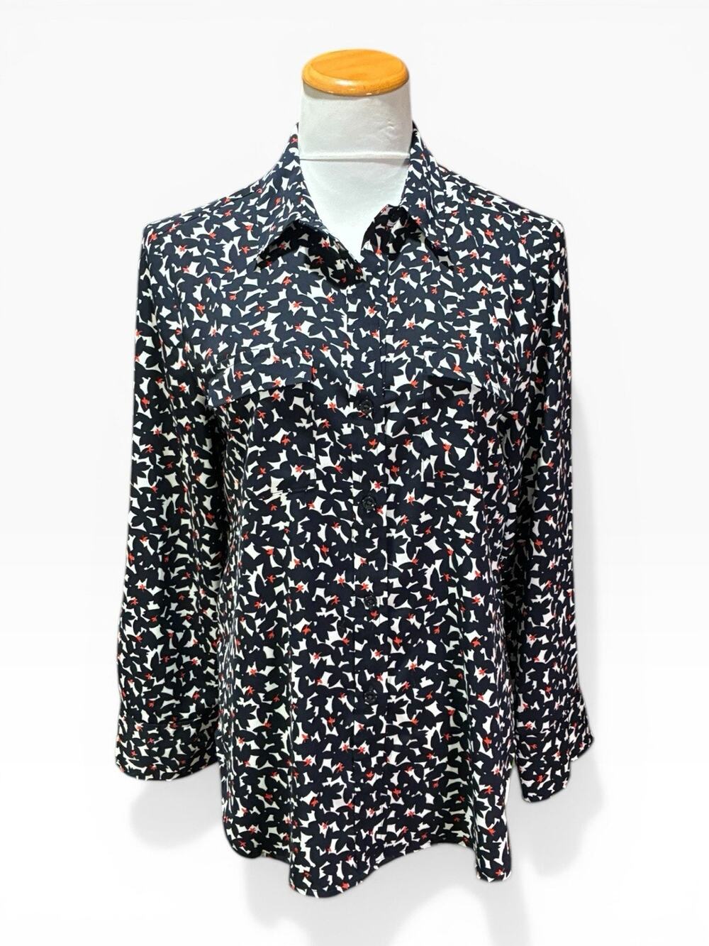 Ann Taylor Blouse Women's S Black White Red Roll Tab Long Sleeve Button Front